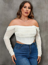 Plus Off Shoulder Ruched Asymmetrical Hem Corset Mesh Top